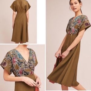 Anthropologie Olive Midi Dress with Floral Embroidery